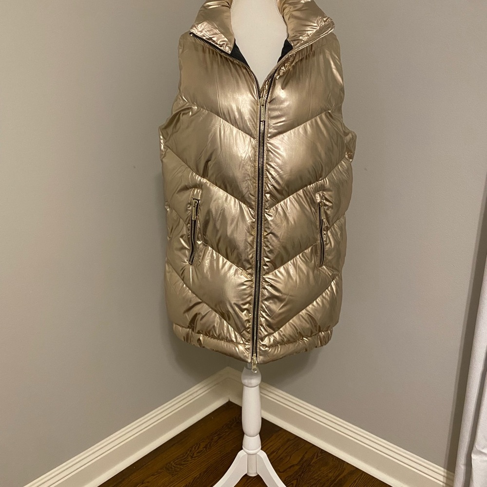 Michael Kors gold metallic puffer long puffer vest.